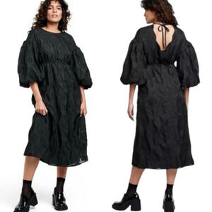 Kika Vargas Whimsy Goth Floral Texture Scallop Back Midi Dress Black Size S